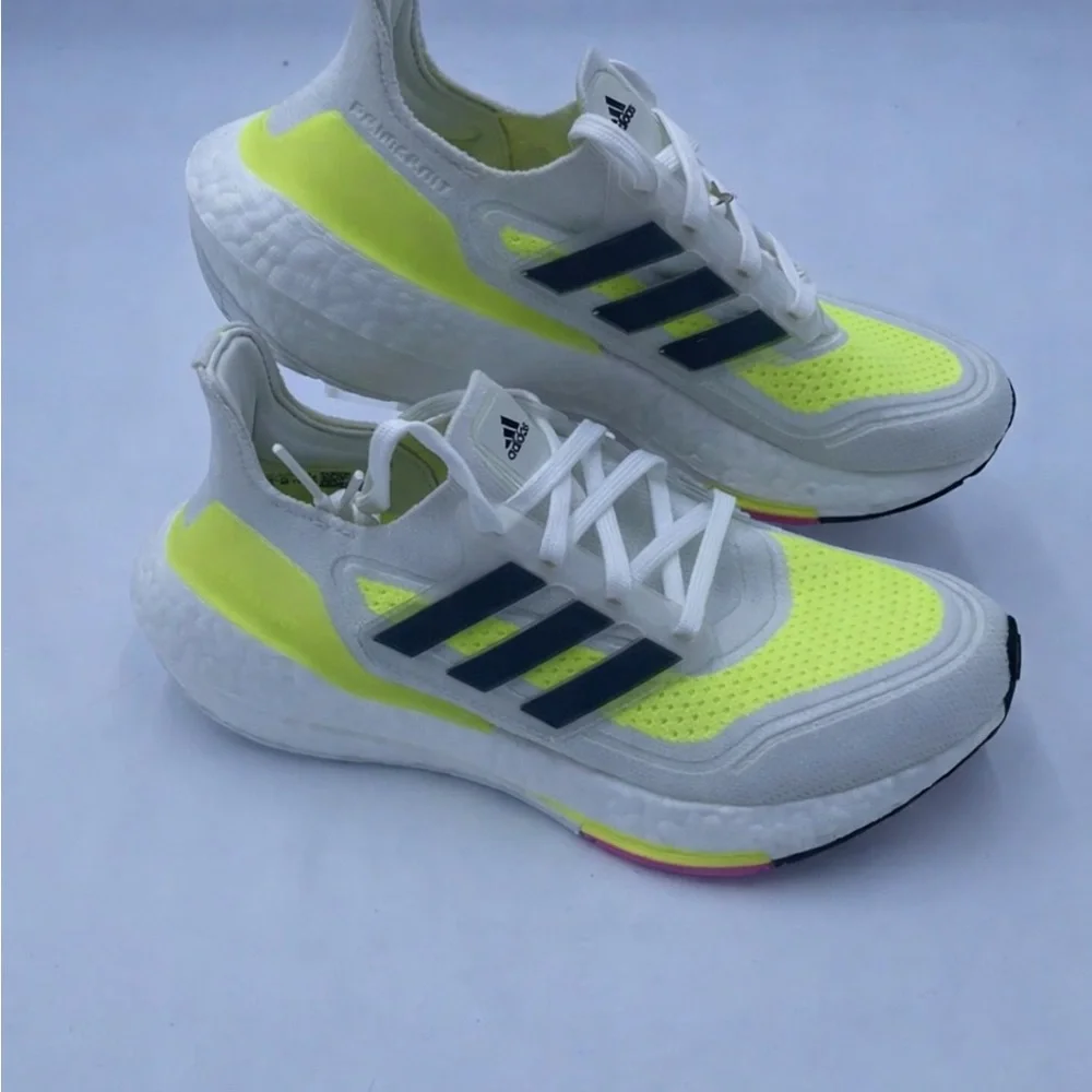 adidas Kids Neon Yellow White Running Sneakers with Black Stripes
